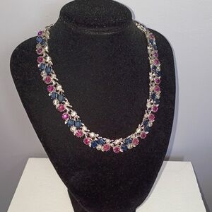 Blue Purple Silver Tone Vintage Necklace Glass Stones